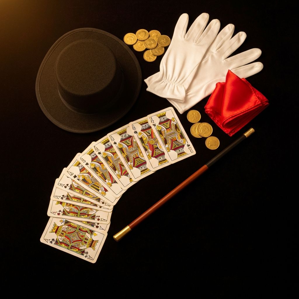 Magic props including playing cards, top hat, wand and golden coins on dark velvet