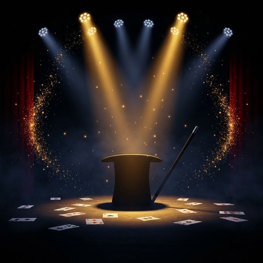 Dramatic stage with golden spotlights and magical atmosphere